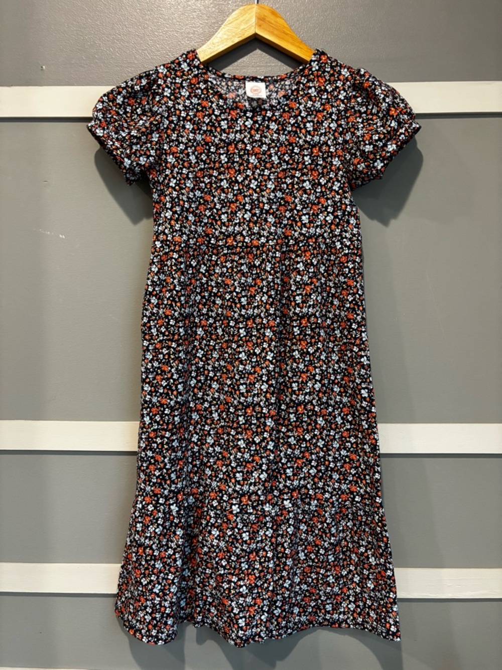 wonder nation Black Floral Short Sleeve Dress with Rust & White Accents